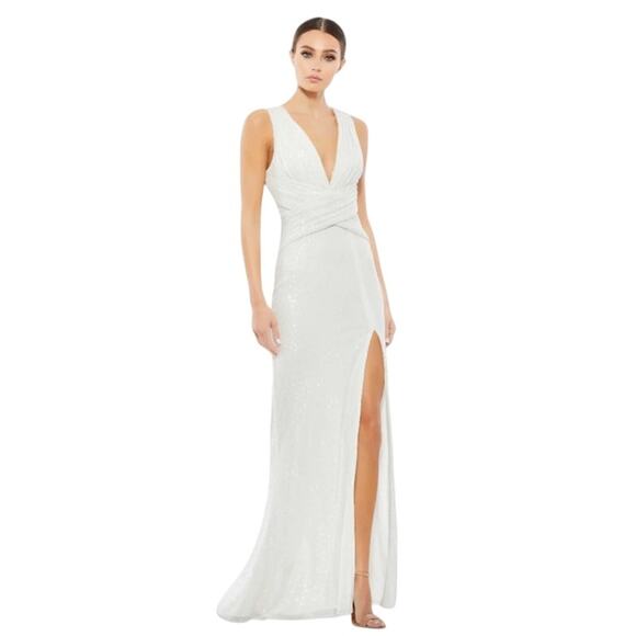 MAC DUGGAL Dress Size 12 Evening Gown Sequin White V Neck Wrap NEW - Picture 8 of 10